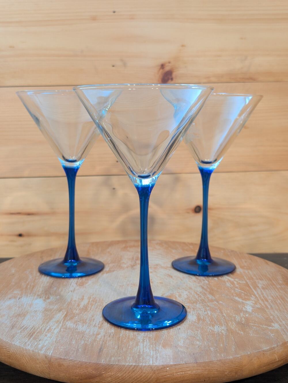 Vintage Luminarc France Blue Stem Martini Cocktail Glasses - Set of 3